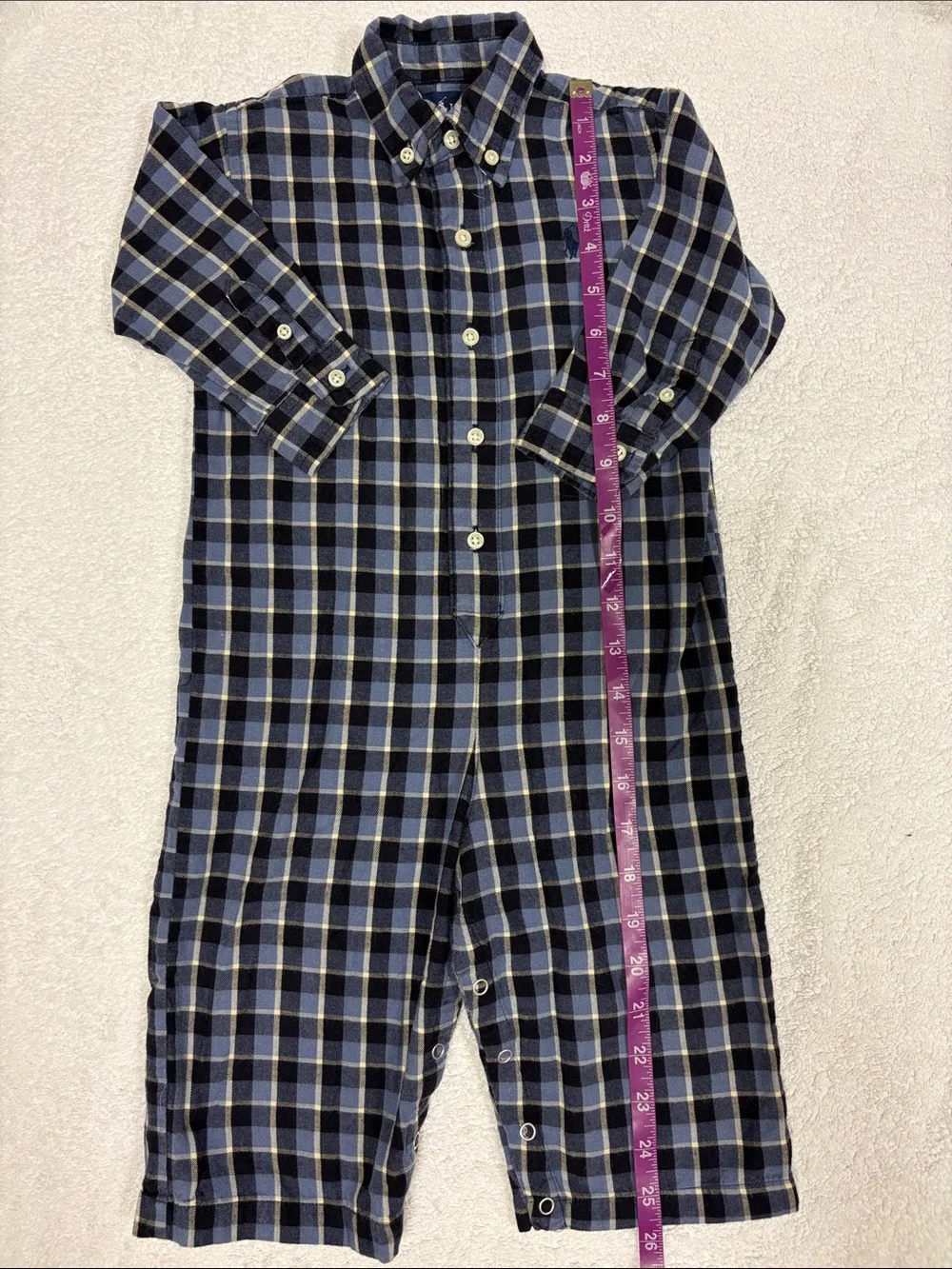 Ralph Lauren Navy Blue and White Plaid Cotton button down One-Piece 12/18m
